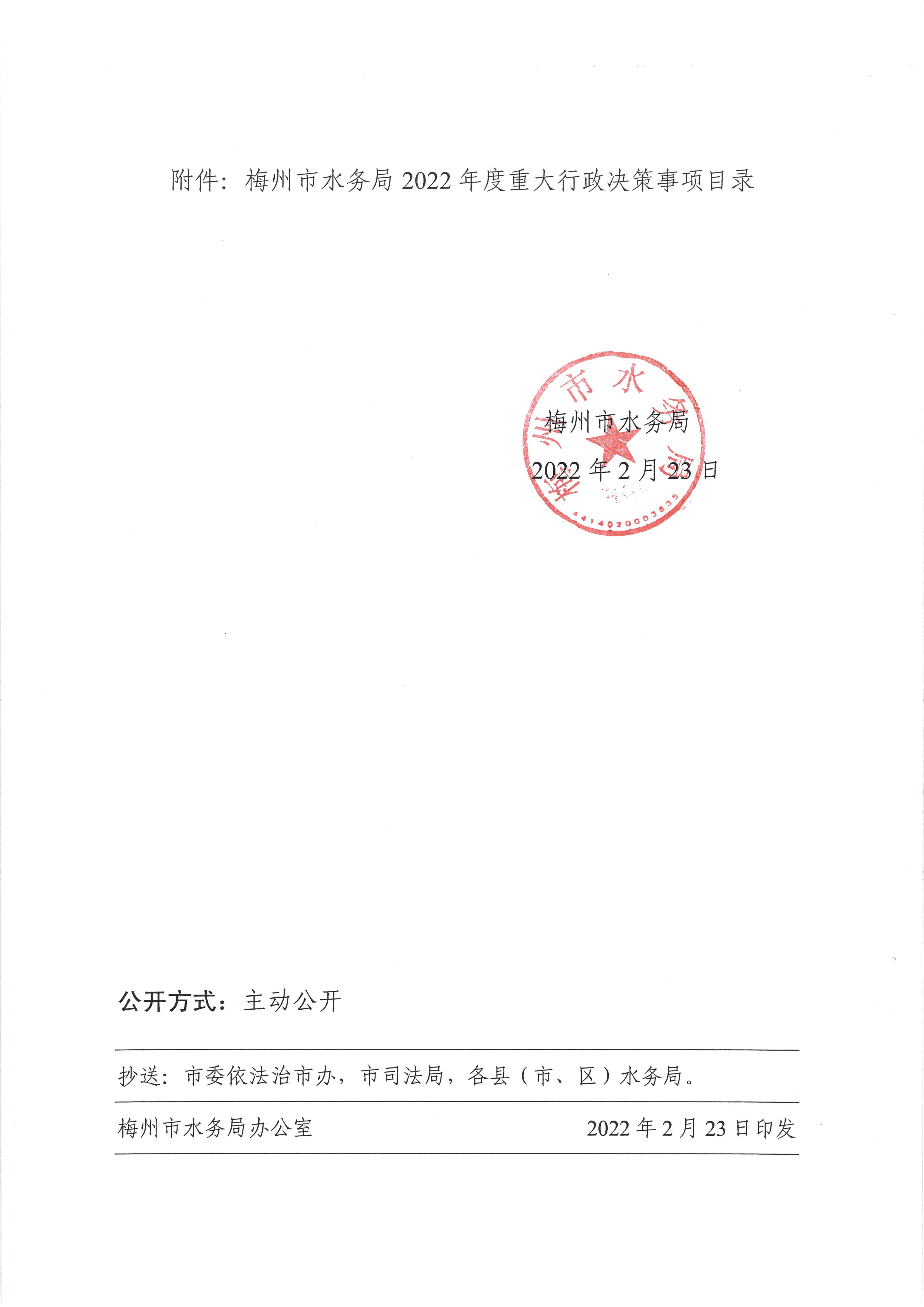 關於印發《梅州市水務局2022年度重大行政決策事項目錄》的通知2.jpg