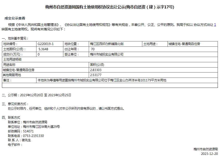 梅州市自然資源局國有土地使用權協議出讓公示(梅市自然資（建）示字17號).png