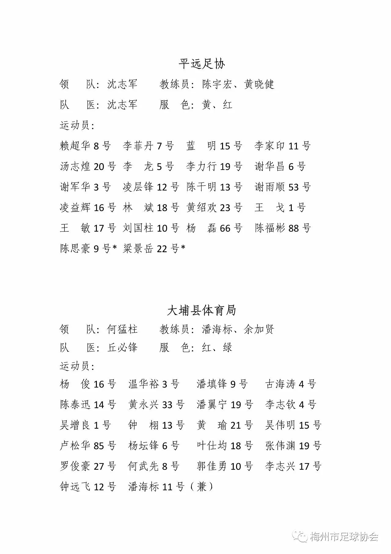 2017年梅州市“賽翡藍寶石球王杯”足球賽運動員名單公示